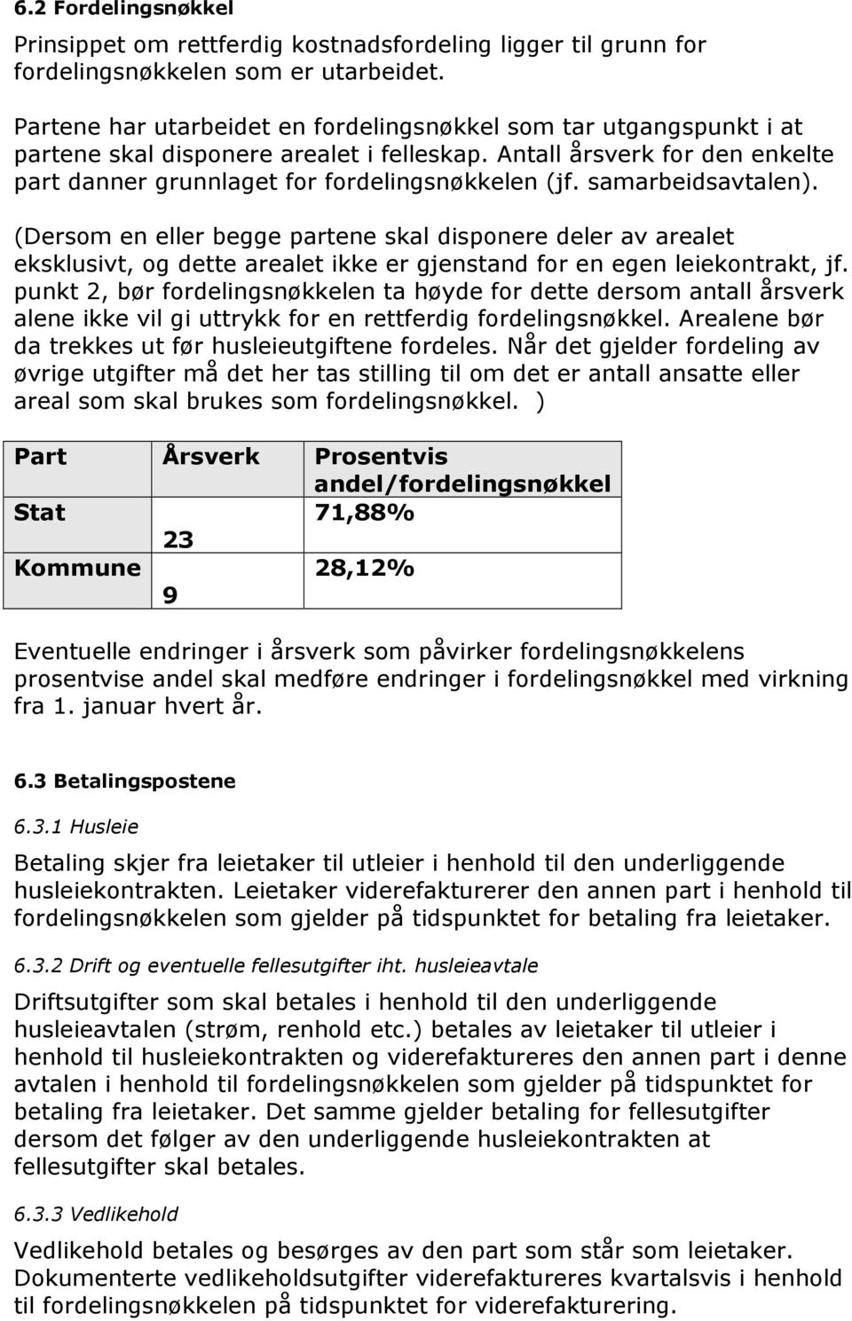 samarbeidsavtalen). (Dersom en eller begge partene skal disponere deler av arealet eksklusivt, og dette arealet ikke er gjenstand for en egen leiekontrakt, jf.