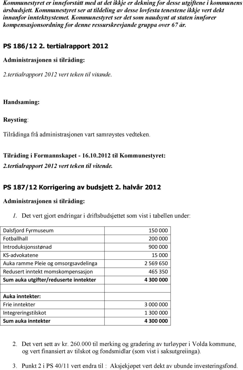 Kommunestyret ser det som naudsynt at staten innfører kompensasjonsordning for denne ressurskrevjande gruppa over 67 år. PS 186/12 2. tertialrapport 2012 2.tertialrapport 2012 vert teken til vitande.