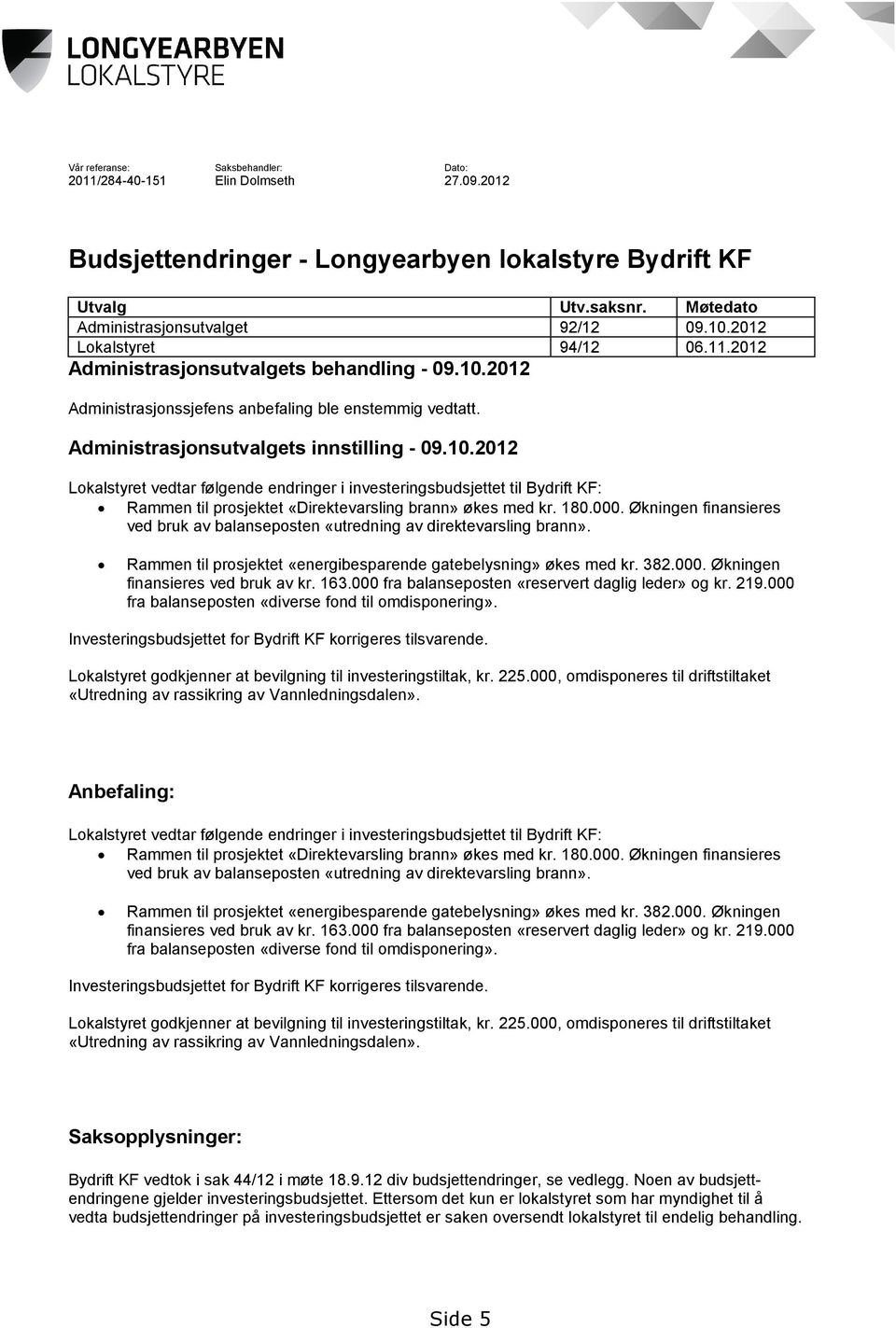 2012 Administrasjonssjefens anbefaling ble enstemmig vedtatt. Administrasjonsutvalgets innstilling - 09.10.