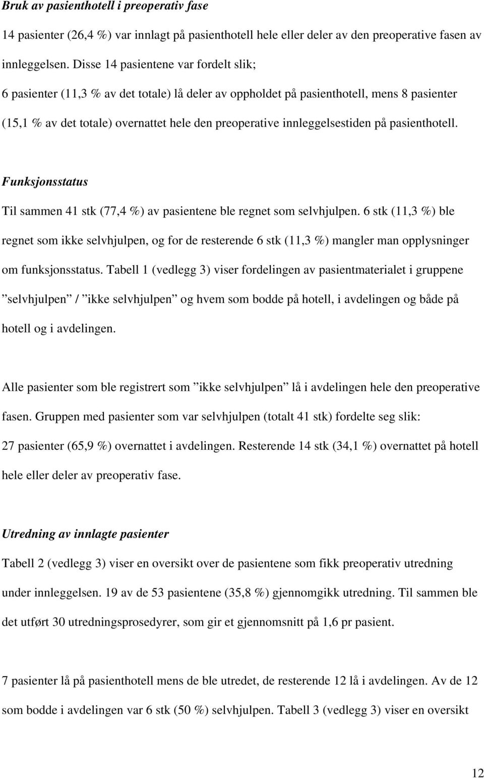 innleggelsestiden på pasienthotell. Funksjonsstatus Til sammen 41 stk (77,4 %) av pasientene ble regnet som selvhjulpen.