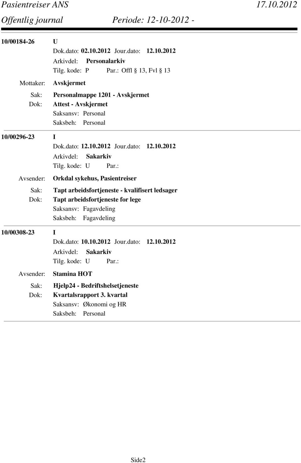 kvalifisert ledsager Tapt arbeidsfortjeneste for lege 10/00308-23 I Dok.dato: 10.10.2012 Jour.