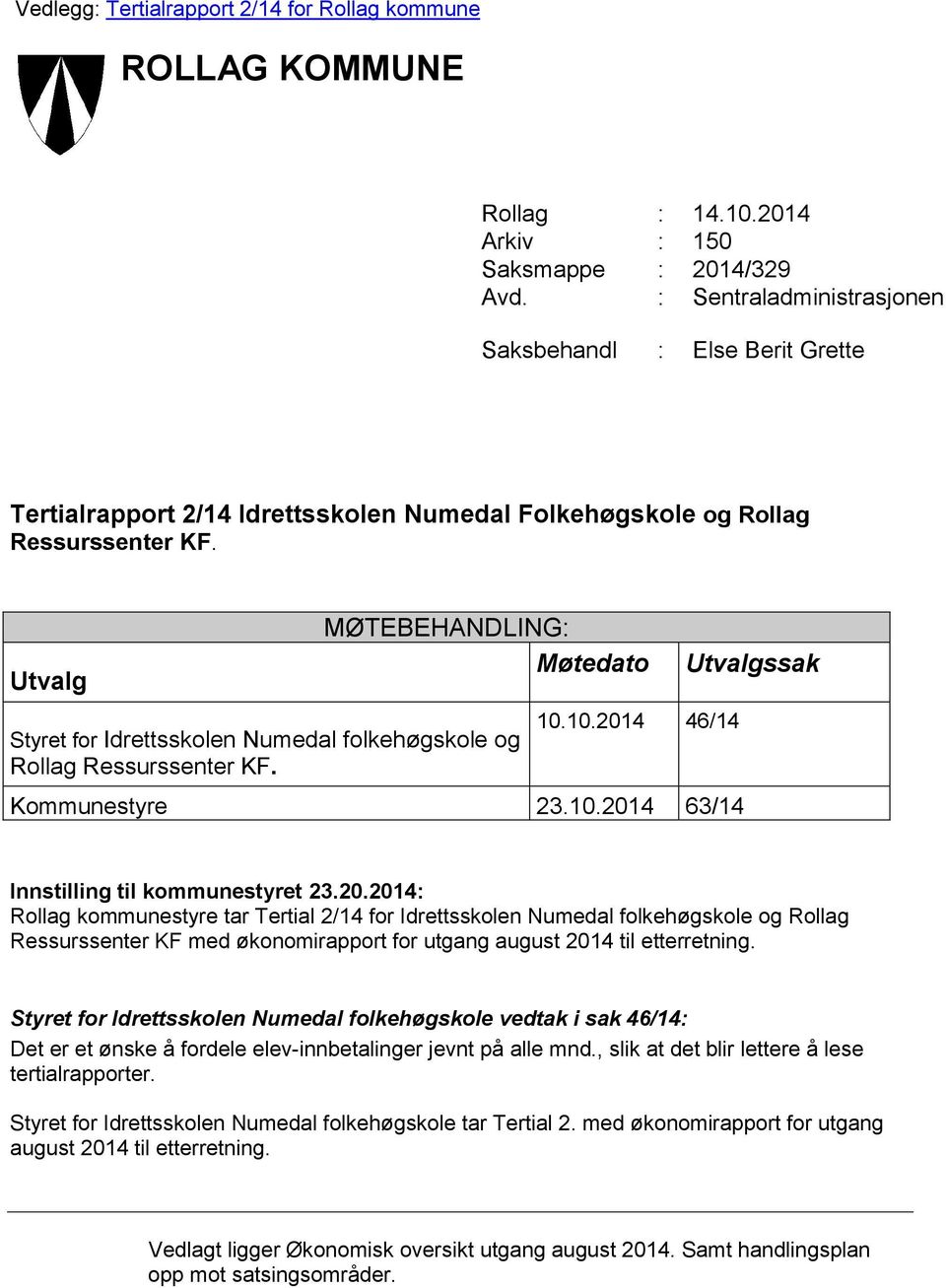 Utvalg MØTEBEHANDLING: Møtedato Utvalgssak Styret for Idrettsskolen Numedal folkehøgskole og Rollag Ressurssenter KF. 10.10.2014 46/14 Kommunestyre 23.10.2014 63/14 Innstilling til kommunestyret 23.