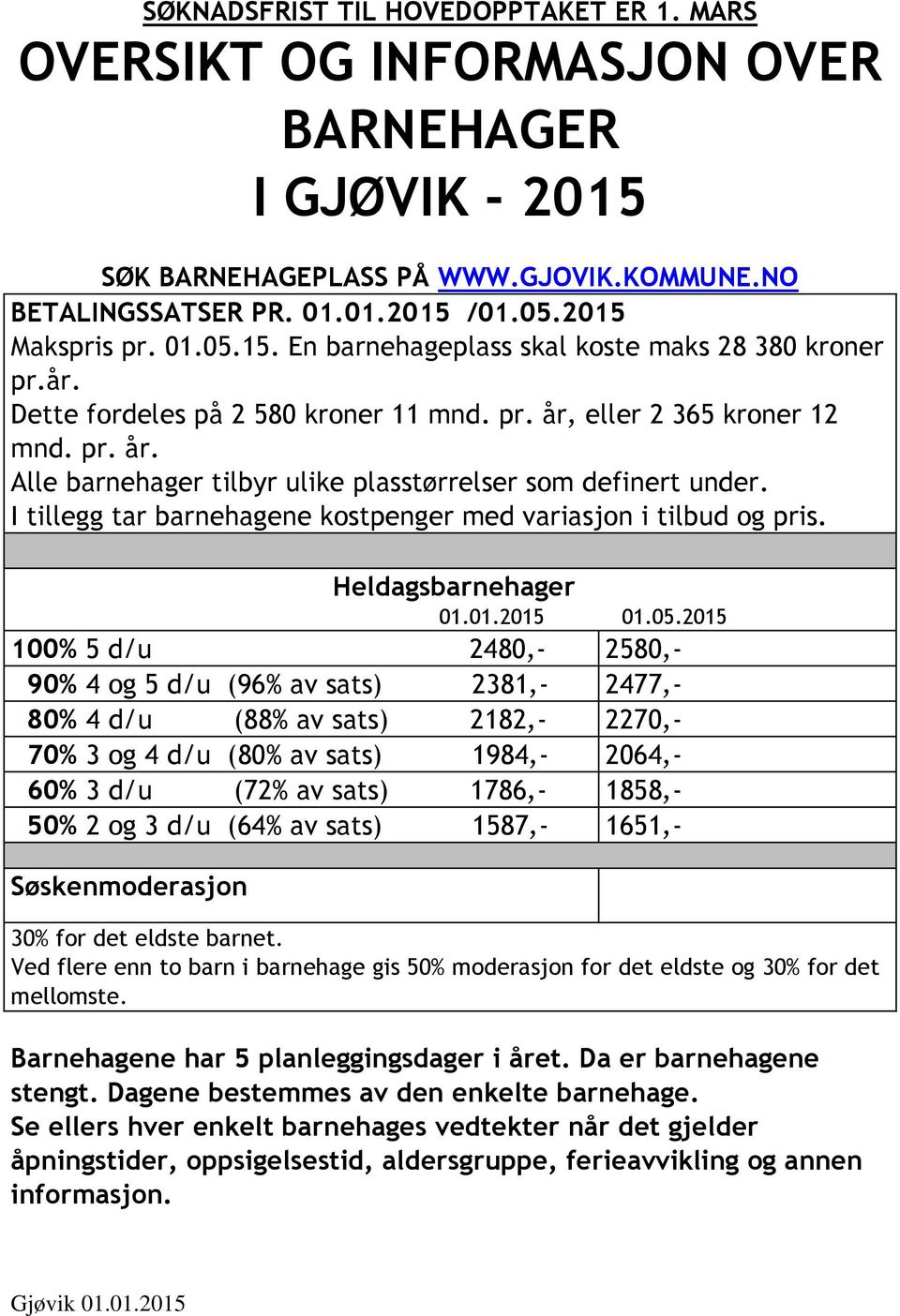 I tillegg tar barnehagene kostpenger med variasjon i tilbud og pris. sbarnehager 01.01.2015 01.05.