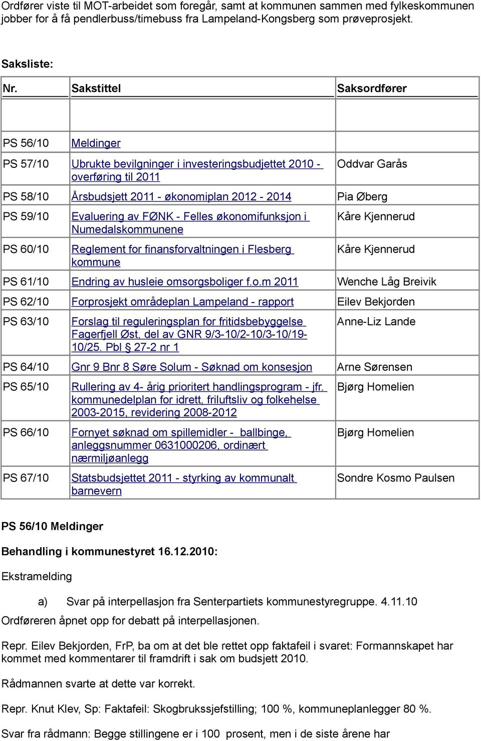 59/10 PS 60/10 Evaluering av FØNK - Felles økonomifunksjon i Numedalskommunene Reglement for finansforvaltningen i Flesberg kommune Kåre Kjennerud Kåre Kjennerud PS 61/10 Endring av husleie