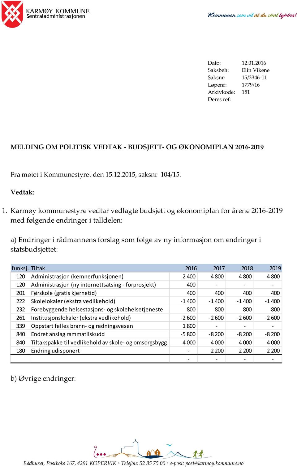 Karmøy kommunestyre vedtar vedlagte budsjett og økonomiplan for årene 2016-2019 med følgende endringer i talldelen: a) Endringer i rådmannens forslag som følge av ny informasjon om endringer i