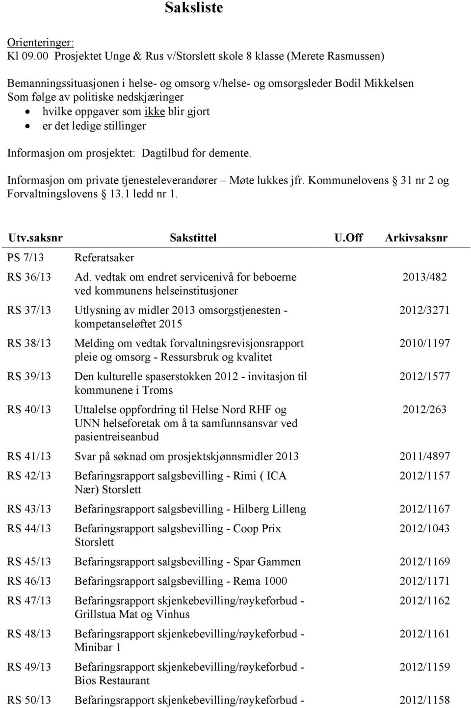 oppgaver som ikke blir gjort er det ledige stillinger Informasjon om prosjektet: Dagtilbud for demente. Informasjon om private tjenesteleverandører Møte lukkes jfr.