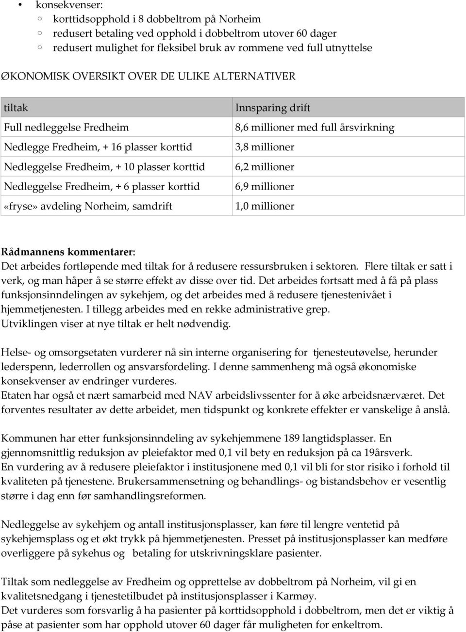 «fryse» avdeling Norheim, samdrift Innsparing drift 8,6 millioner med full årsvirkning 3,8 millioner 6,2 millioner 6,9 millioner 1,0 millioner Rådmannens kommentarer: Det arbeides fortløpende med