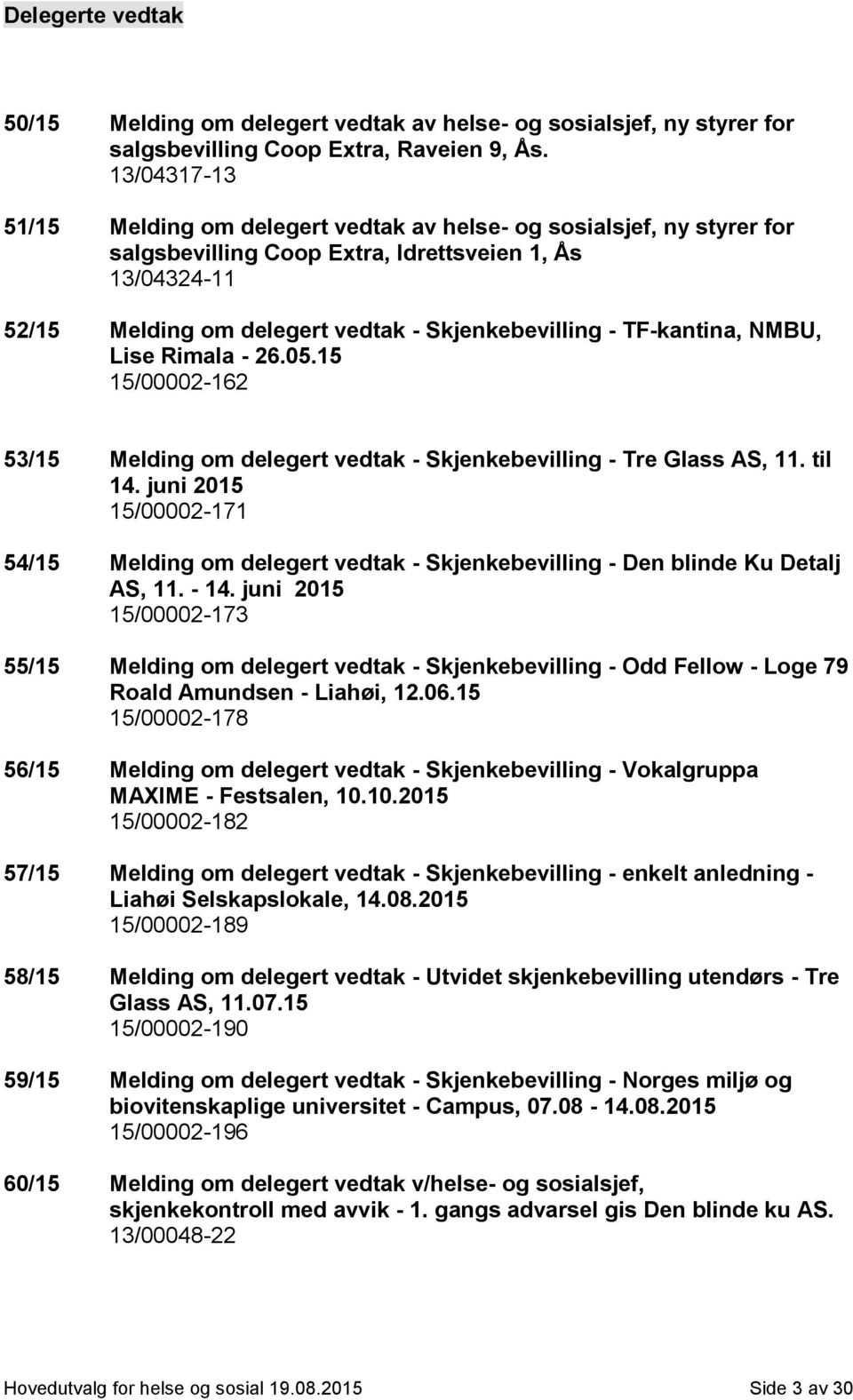 TF-kantina, NMBU, Lise Rimala - 26.05.15 15/00002-162 53/15 Melding om delegert vedtak - Skjenkebevilling - Tre Glass AS, 11. til 14.