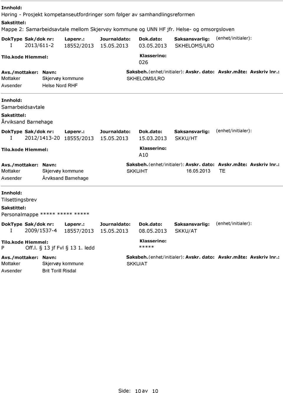 : Helse Nord RHF Samarbeidsavtale Årviksand Barnehage 2012/1413-20 18555/2013 15.03.2013 SKK/HT A10 Avs./mottaker: Navn: Saksbeh. Avskr. dato: Avskr.