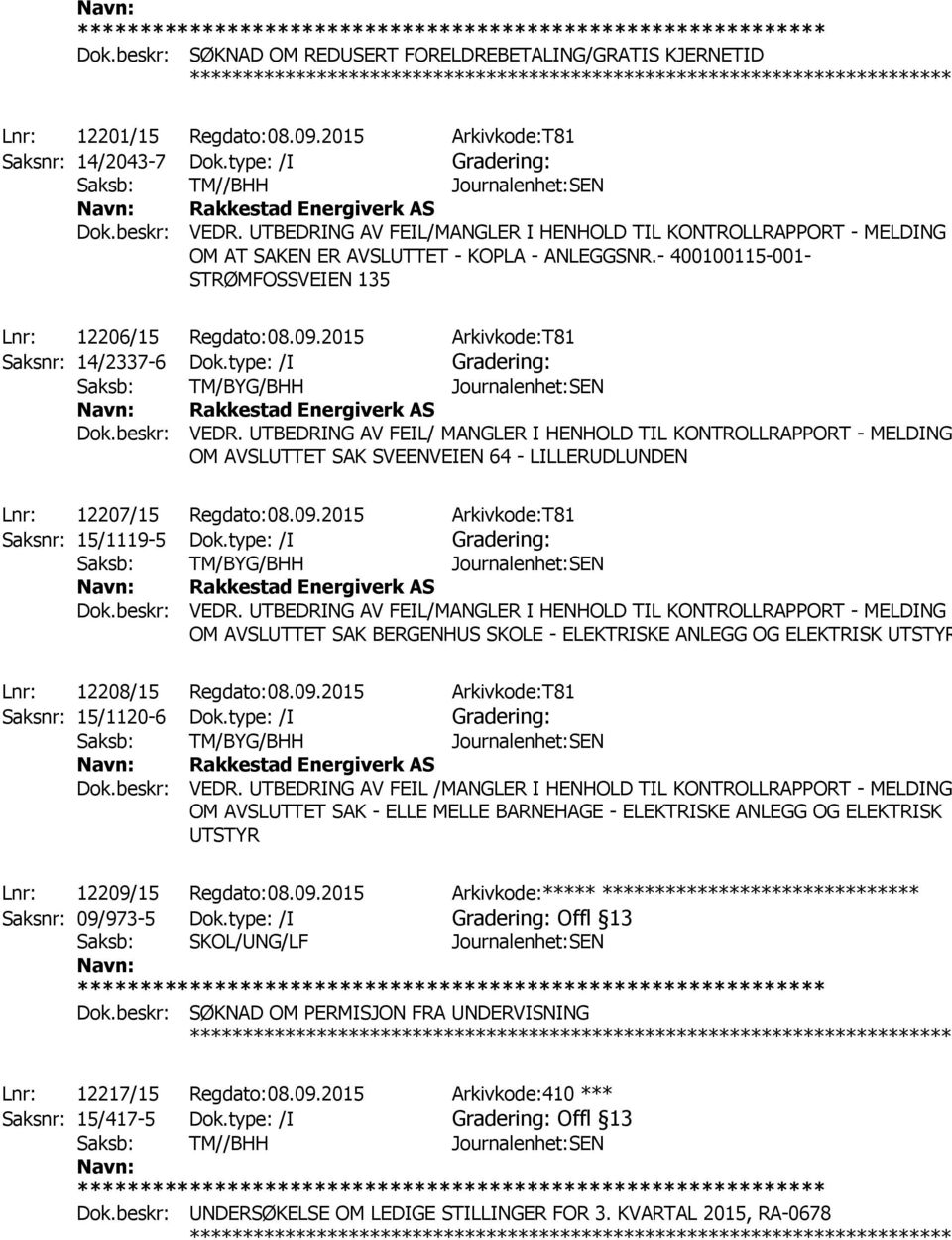 - 400100115-001- STRØMFOSSVEIEN 135 Dok.beskr: VEDR. UTBEDRING AV FEIL/ MANGLER I HENHOLD TIL KONTROLLRAPPORT - MELDING Lnr: 12206/15 Regdato:08.09.2015 Arkivkode:T81 Saksnr: 14/2337-6 Dok.