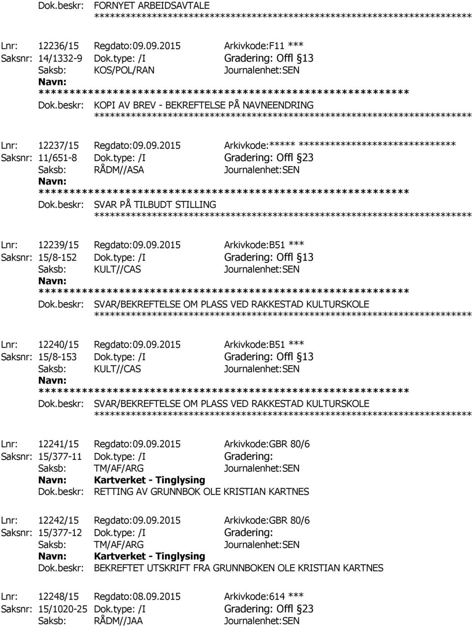 type: /I Gradering: Offl 23 Saksb: RÅDM//ASA Journalenhet:SEN Dok.beskr: SVAR PÅ TILBUDT STILLING ************ Lnr: 12239/15 Regdato:09.09.2015 Arkivkode:B51 *** Saksnr: 15/8-152 Dok.