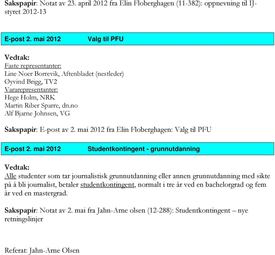 no Alf Bjarne Johnsen, VG Sakspapir: E-post av 2. mai 2012 fra Elin Floberghagen: Valg til PFU E-post 2.