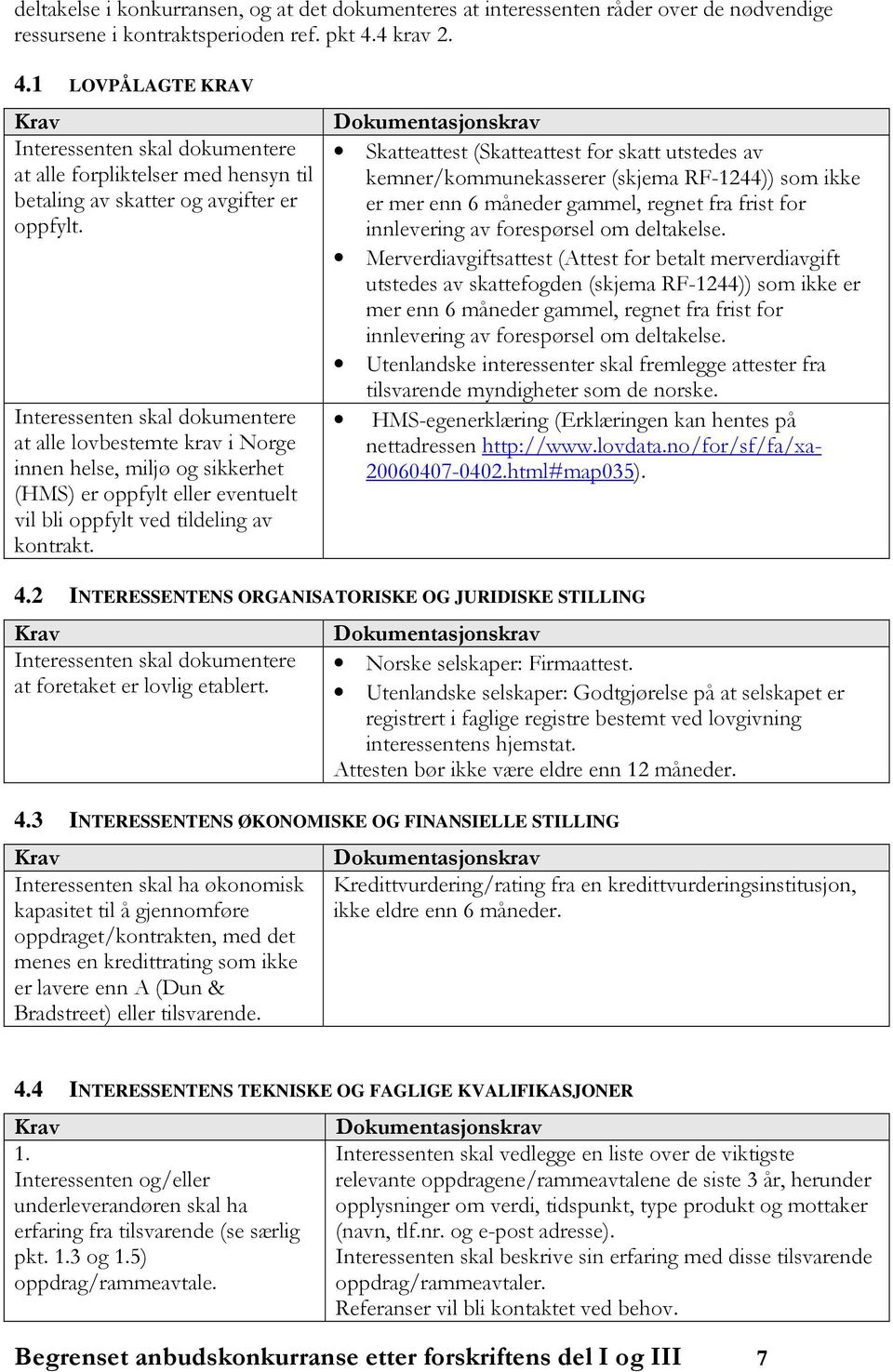 Interessenten skal dokumentere at alle lovbestemte krav i Norge innen helse, miljø og sikkerhet (HMS) er oppfylt eller eventuelt vil bli oppfylt ved tildeling av kontrakt.