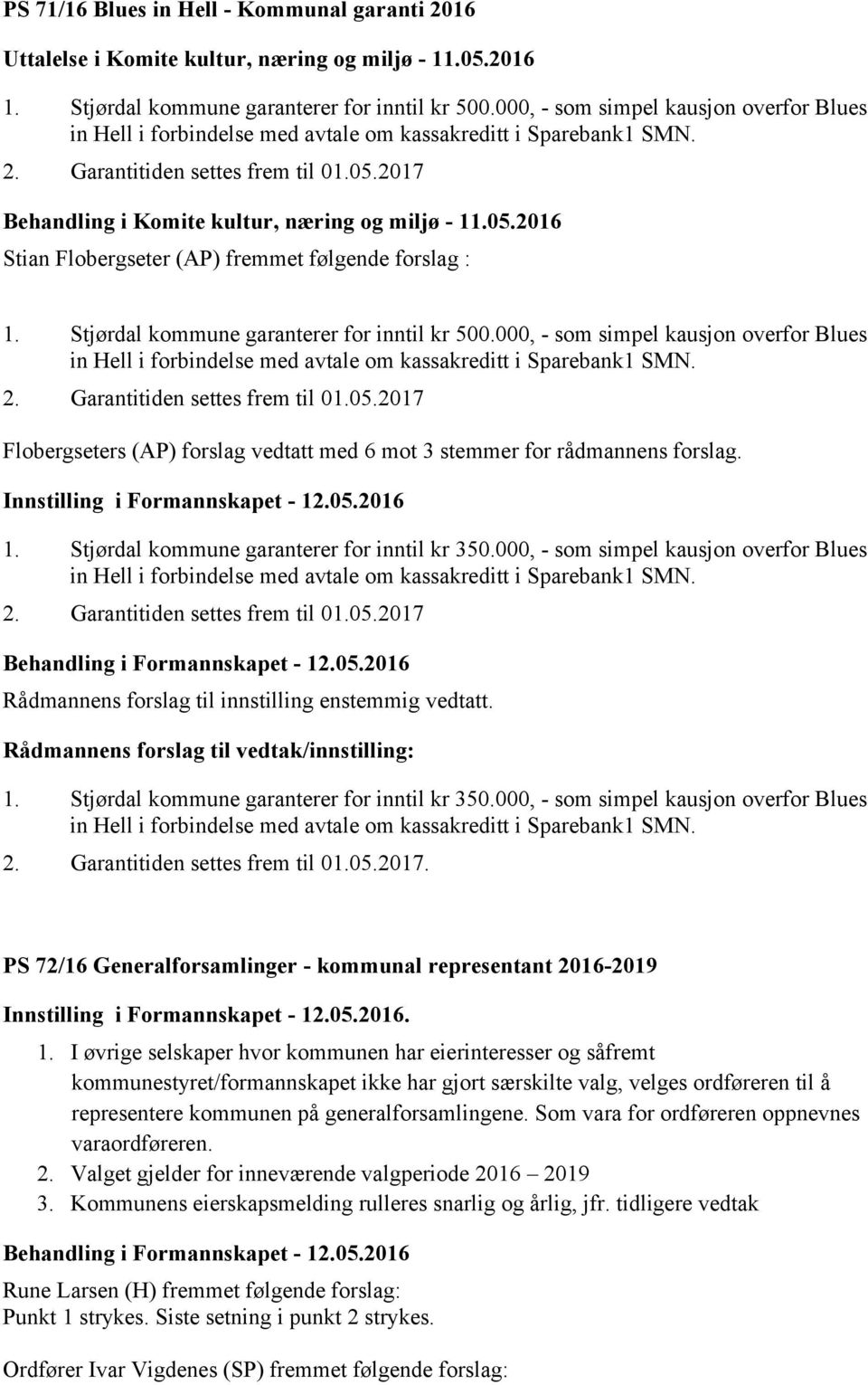 05.2016 Stian Flobergseter (AP) fremmet følgende forslag : 1. Stjørdal kommune garanterer for inntil kr 500.