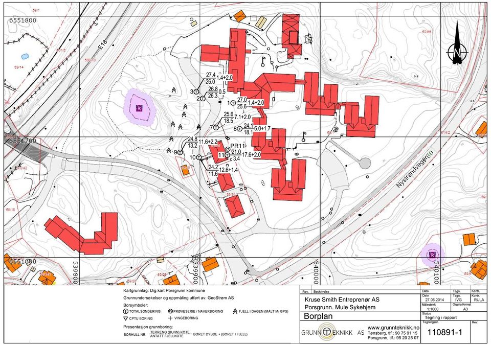 kart Porsgrunn kommune runnundersøkelser og oppmåling utført av: eostrøm AS Borsymboler: T TOTALSONDERIN CPTU BORIN Presentasjon grunnboring: TERREN (BUNN) KOTE BORHULL NR.