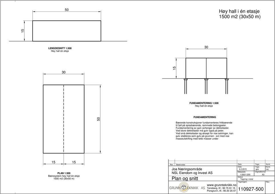 Ved små dekkelaster og aksept for noe setninger, kan gulv etableres som gulv på grunnen - evt med noe masseutskifting med lette masser under PLAN 1:500 Bæresystem høy hall én etsje 00 m2 (x50 m) Rev.