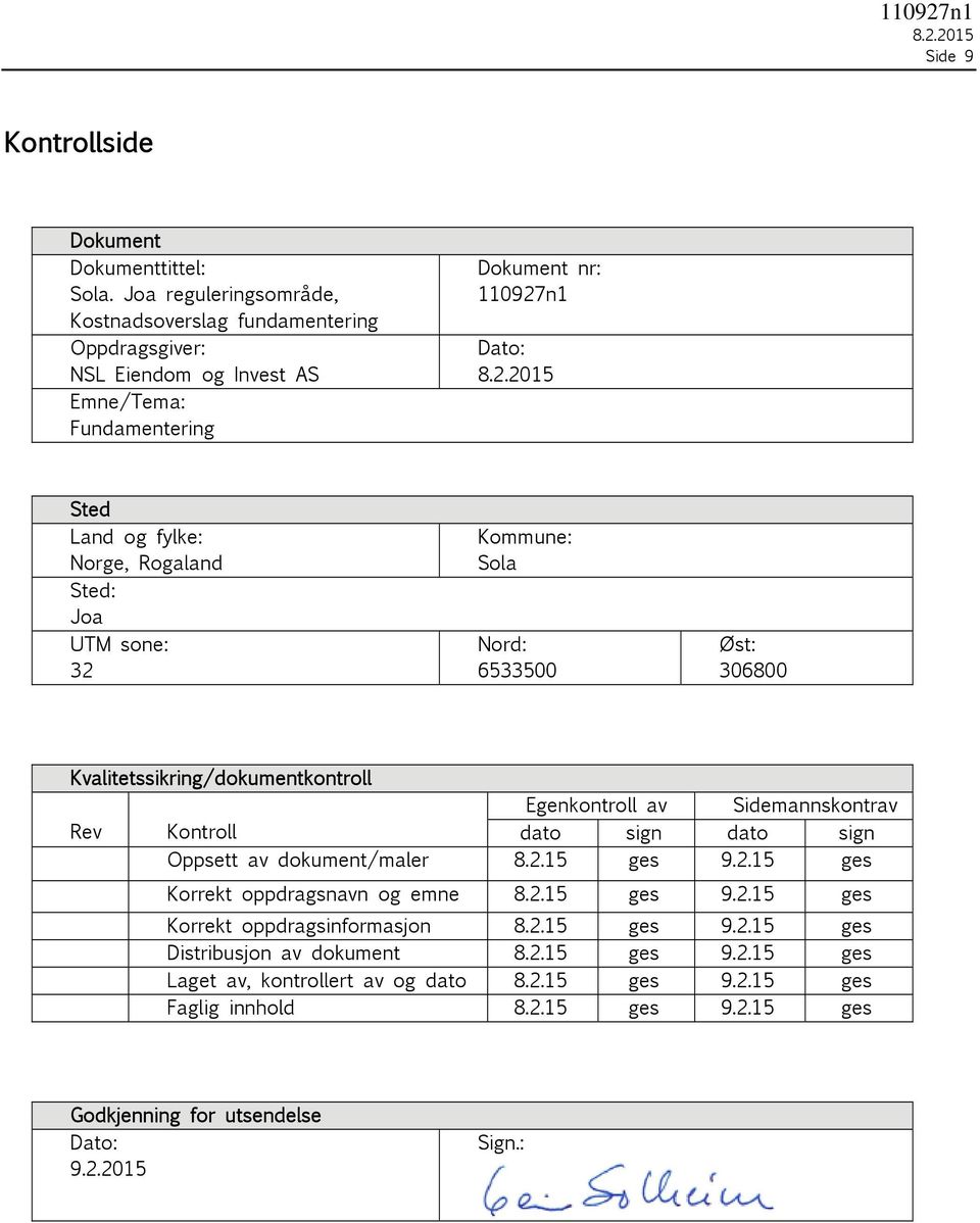 Rogaland Sted: Joa UTM sone: 32 Kommune: Sola Nord: 6533500 Øst: 6800 Kvalitetssikring/dokumentkontroll Egenkontroll av Sidemannskontrav Rev Kontroll dato sign dato sign