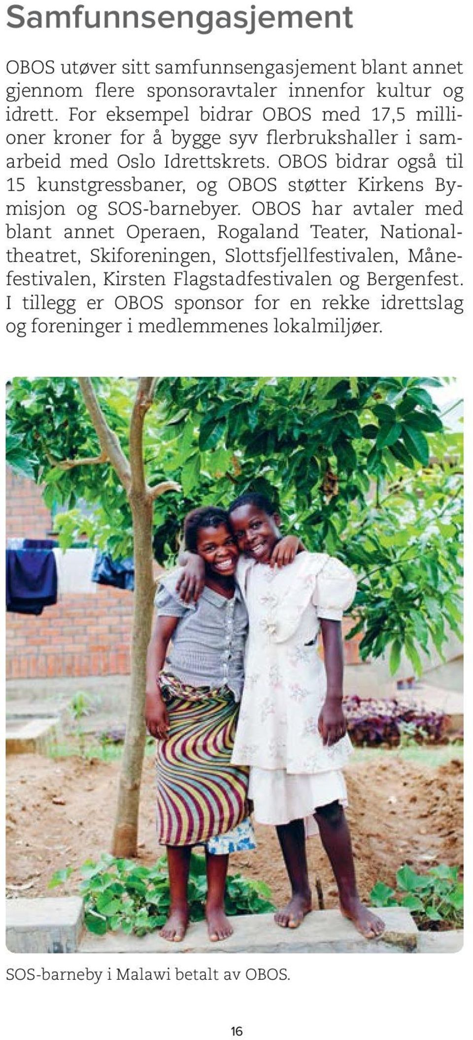 OBOS bidrar også til 15 kunstgressbaner, og OBOS støtter Kirkens Bymisjon og SOS-barnebyer.