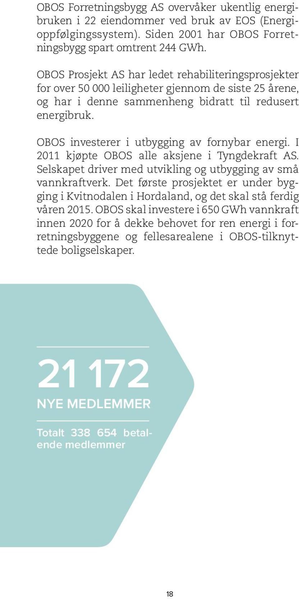 OBOS investerer i utbygging av fornybar energi. I 2011 kjøpte OBOS alle aksjene i Tyngdekraft AS. Selskapet driver med utvikling og utbygging av små vannkraftverk.