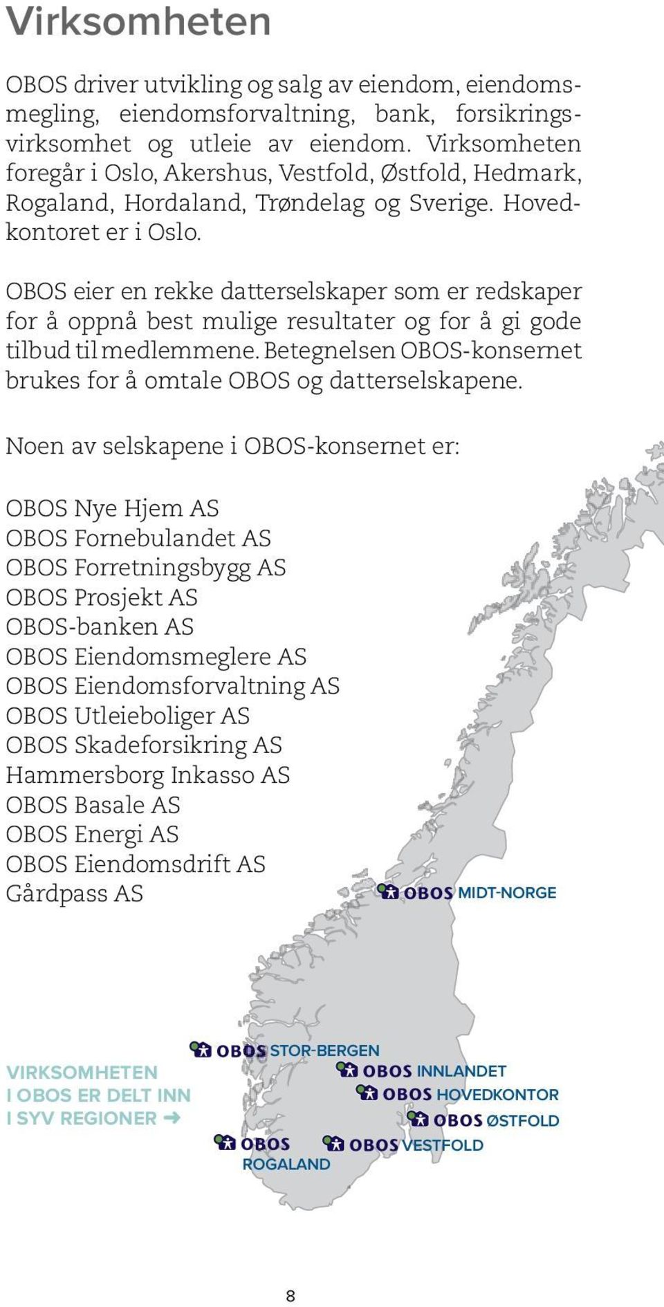 OBOS eier en rekke datterselskaper som er redskaper for å oppnå best mulige resultater og for å gi gode tilbud til medlemmene. Betegnelsen OBOS-konsernet brukes for å omtale OBOS og datterselskapene.