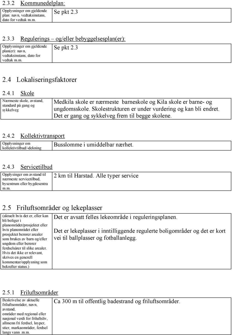 Skolestrukturen er under vurdering og kan bli endret. Det er gang og sykkelveg frem til begge skolene. 2.4.2 Kollektivtransport Opplysninger om kollektivtilbud/-dekning Busslomme i umiddelbar nærhet.