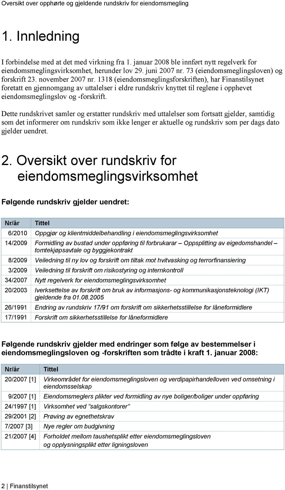 1318 (eiendomsmeglingsforskriften), har Finanstilsynet foretatt en gjennomgang av uttalelser i eldre rundskriv knyttet til reglene i opphevet eiendomsmeglingslov og -forskrift.