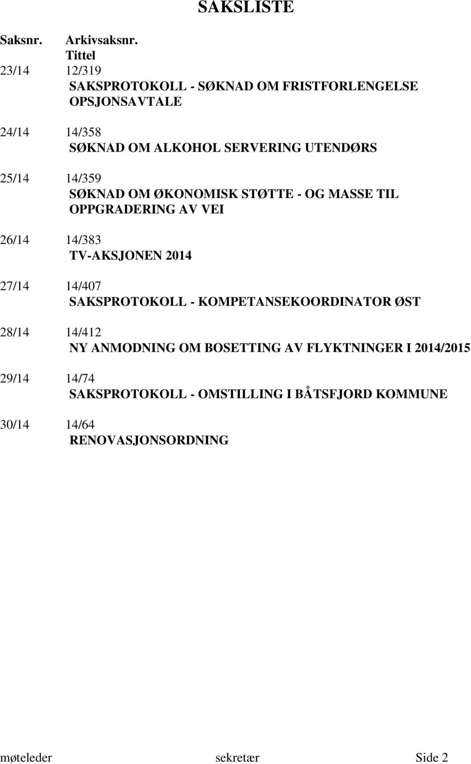 UTENDØRS 25/14 14/359 SØKNAD OM ØKONOMISK STØTTE - OG MASSE TIL OPPGRADERING AV VEI 26/14 14/383 TV-AKSJONEN 2014 27/14