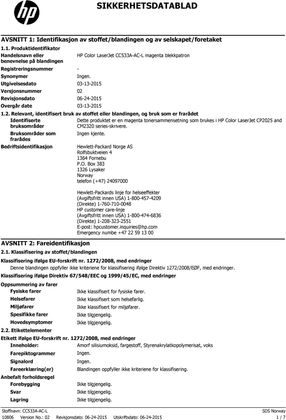 1. Produktidentifikator Handelsnavn eller benevnelse på blandingen Registreringsnummer Synonymer HP Color LaserJet CC533AACL magenta blekkpatron Utgivelsesdato 03132015 Versjonsnummer 02