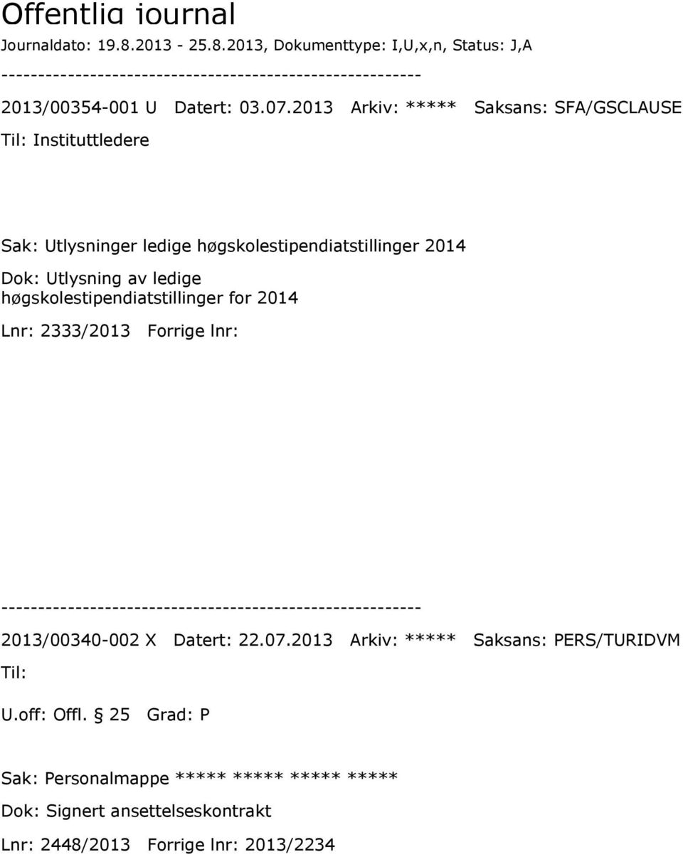 ledige høgskolestipendiatstillinger for 2014 Lnr: 2333/2013 Forrige lnr: 2013/00340-002 X Datert: 22.07.