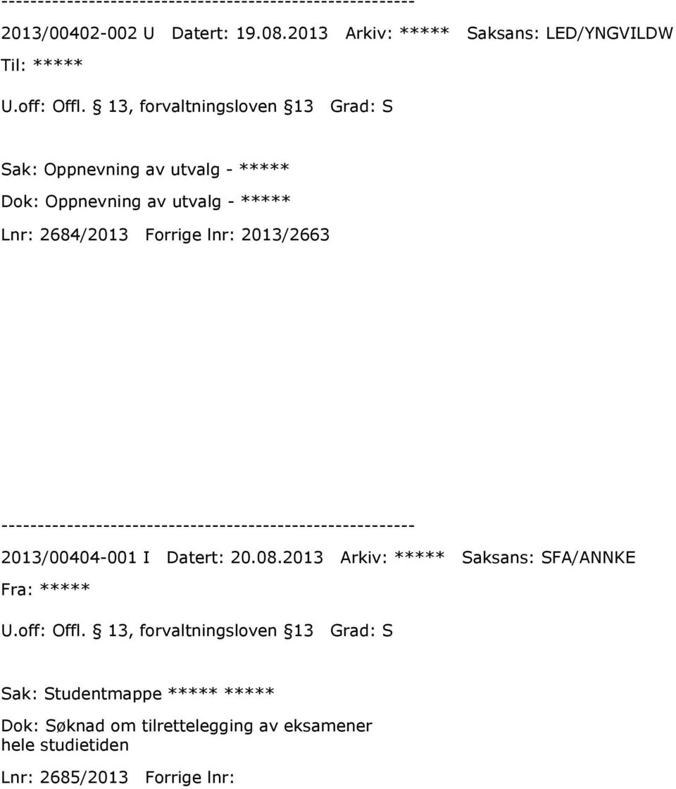 Oppnevning av utvalg - ***** Lnr: 2684/2013 Forrige lnr: 2013/2663 2013/00404-001 I Datert: 20.