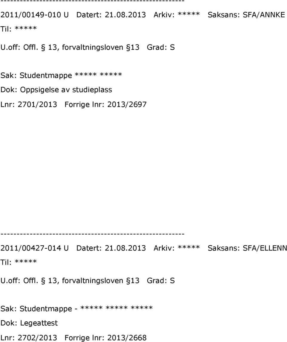 Oppsigelse av studieplass Lnr: 2701/2013 Forrige lnr: 2013/2697 2011/00427-014 U