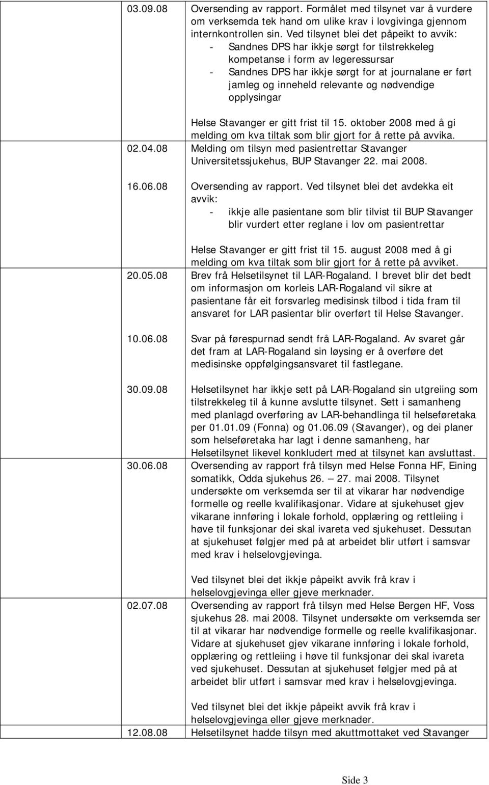 relevante og nødvendige opplysingar 02.04.08 16.06.08 20.05.08 10.06.08 Helse Stavanger er gitt frist til 15. oktober 2008 med å gi melding om kva tiltak som blir gjort for å rette på avvika.