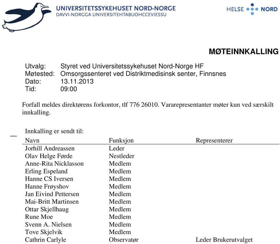 Innkalling er sendt til: Navn Funksjon Representerer Jorhill Andreassen Leder Olav Helge Førde Nestleder Anne-Rita Nicklasson Medlem Erling Espeland Medlem Hanne CS