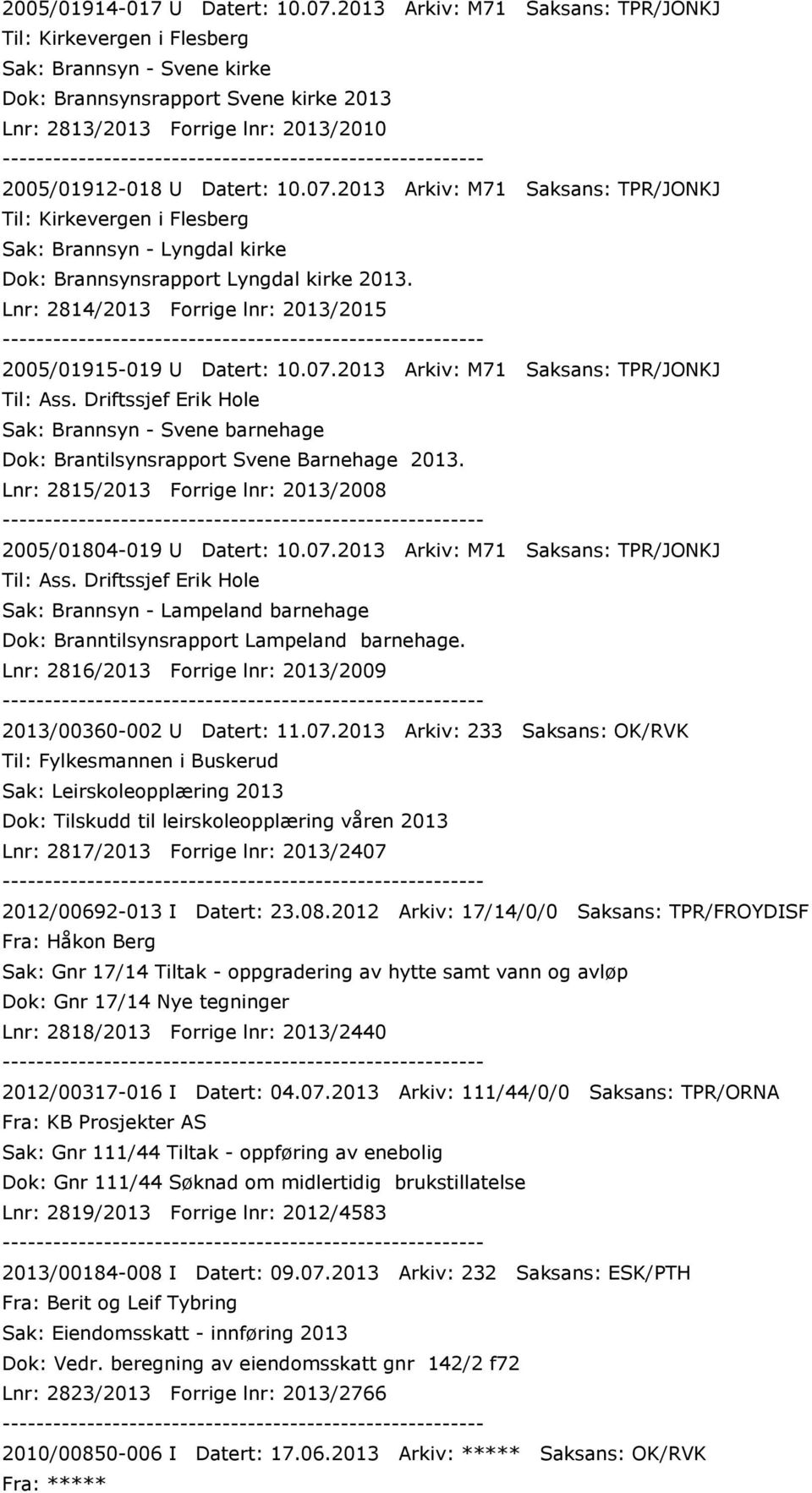 2013 Arkiv: M71 Saksans: TPR/JONKJ Til: Kirkevergen i Flesberg Sak: Brannsyn - Lyngdal kirke Dok: Brannsynsrapport Lyngdal kirke 2013.