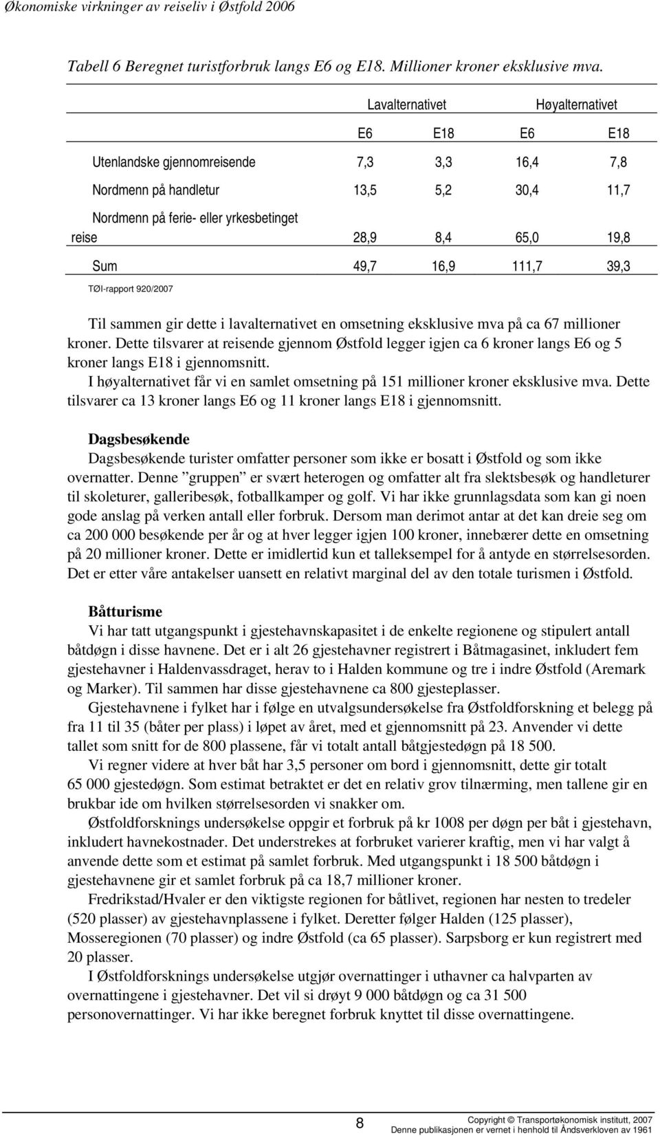 49,7 16,9 111,7 39,3 TØI-rapport 920/2007 Til sammen gir dette i lavalternativet en omsetning eksklusive mva på ca 67 millioner kroner.