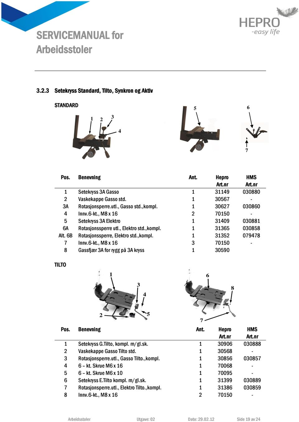 ,kompl. 1 31352 079478 7 Innv.6-kt., M8 x 16 3 70150-8 Gassfjær 3A for rygg på 3A kryss 1 30590 TILTO 1 3 4 6 8 2 5 Pos. Benevning Ant. Hepro HMS 1 Setekryss G.Tilto, kompl. m/gl.sk.