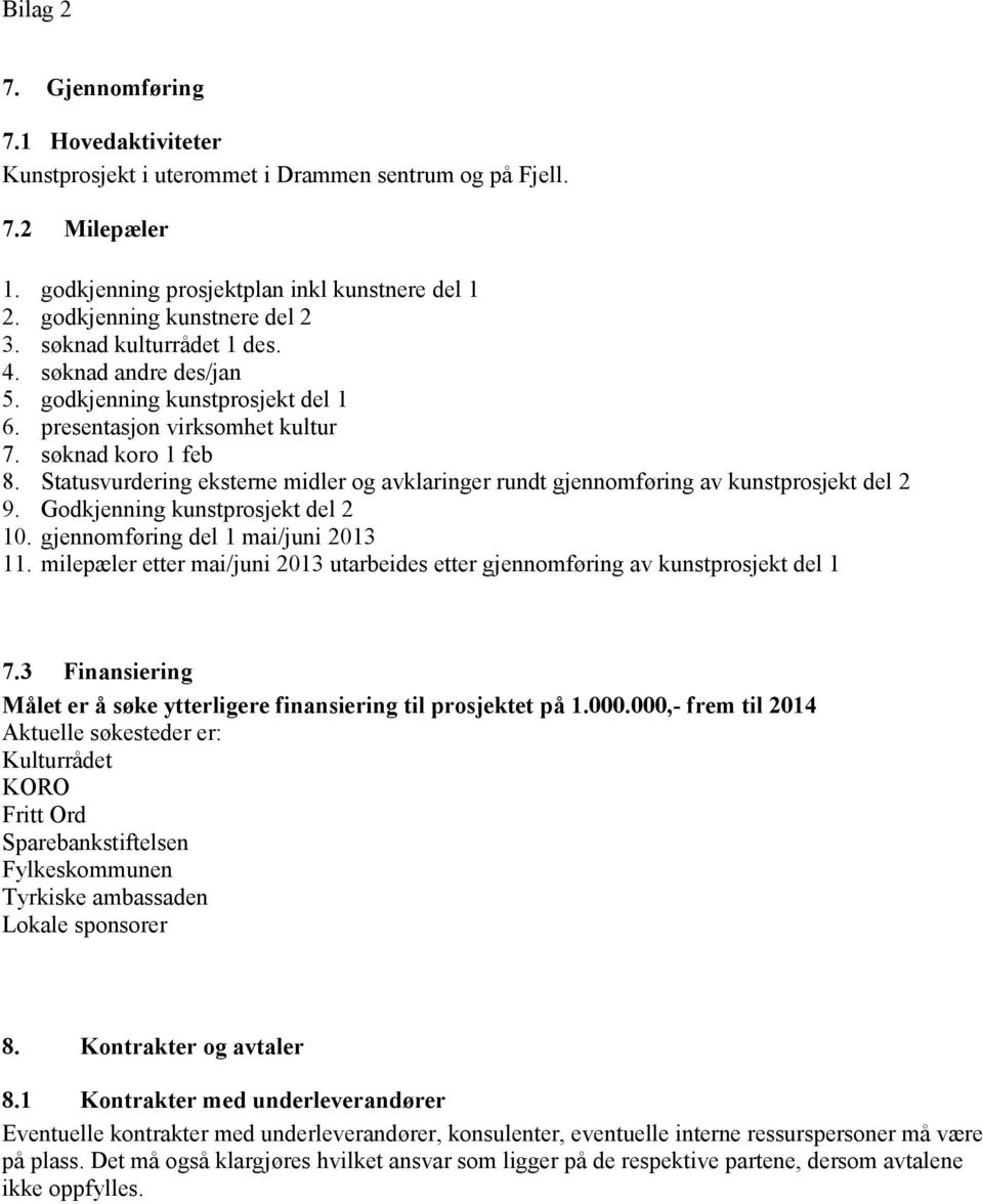 Statusvurdering eksterne midler og avklaringer rundt gjennomføring av kunstprosjekt del 2 9. Godkjenning kunstprosjekt del 2 10. gjennomføring del 1 mai/juni 2013 11.