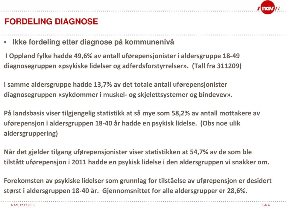 På landsbasis viser tilgjengelig statistikk at så mye som 58,2% av antall mottakere av uførepensjon i aldersgruppen 18 40 år hadde en psykisk lidelse.