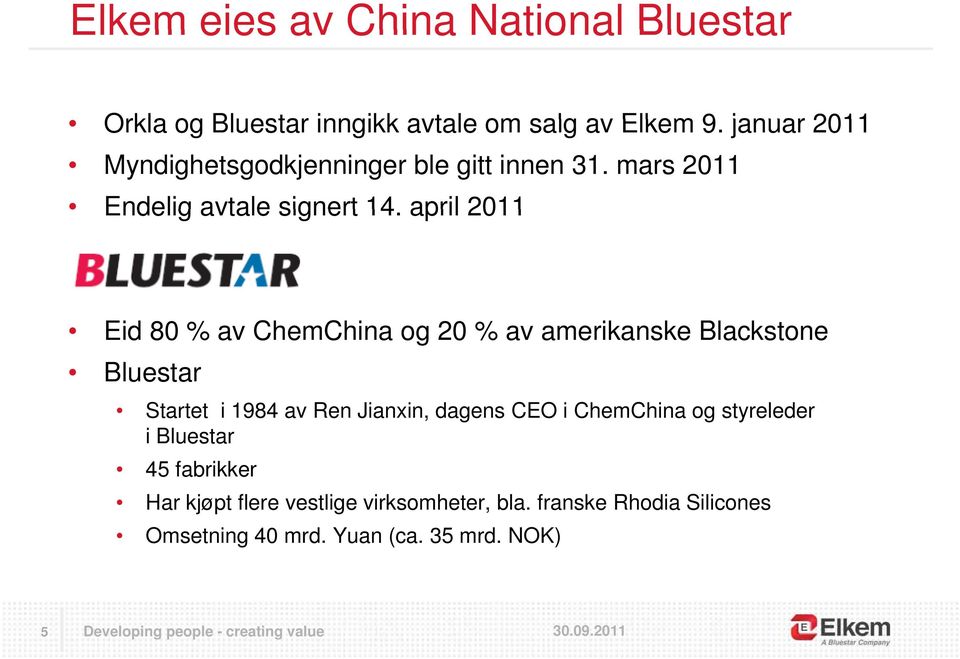 april 2011 Eid 80 % av ChemChina og 20 % av amerikanske Blackstone Bluestar Startet i 1984 av Ren Jianxin, dagens CEO i