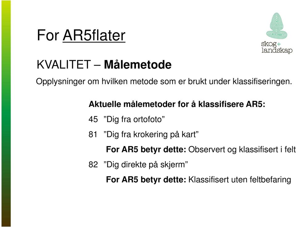 Aktuelle målemetoder for å klassifisere AR5: 45 Dig fra ortofoto 81 Dig fra