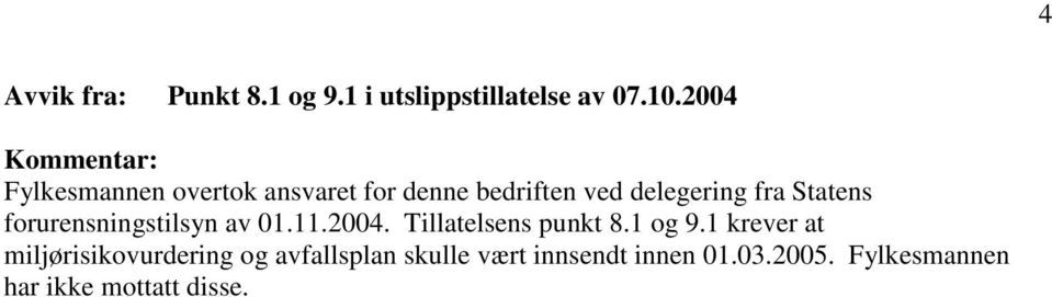 forurensningstilsyn av 01.11.2004. Tillatelsens punkt 8.1 og 9.