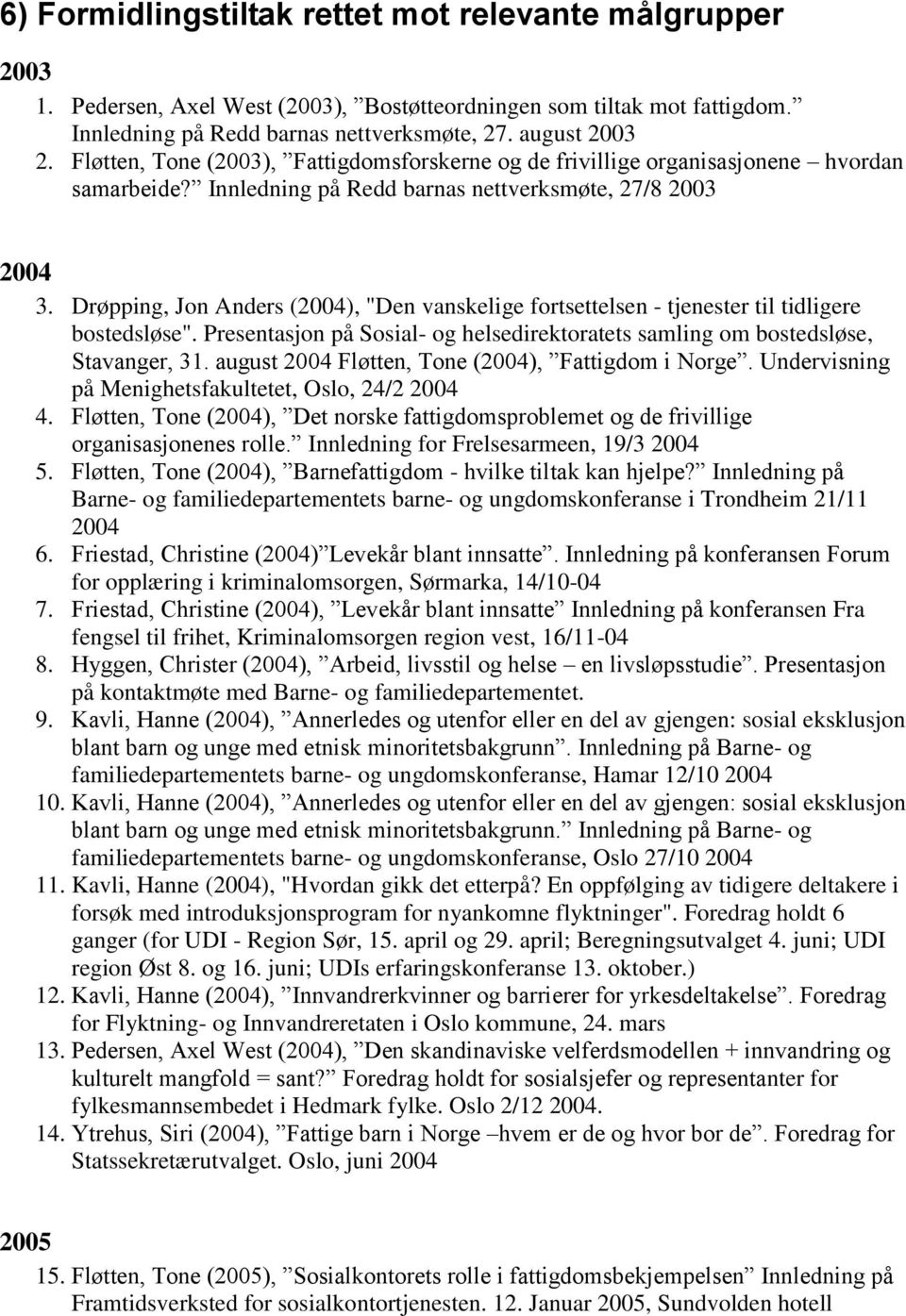 Drøpping, Jon Anders (2004), "Den vanskelige fortsettelsen - tjenester til tidligere bostedsløse". Presentasjon på Sosial- og helsedirektoratets samling om bostedsløse, Stavanger, 31.