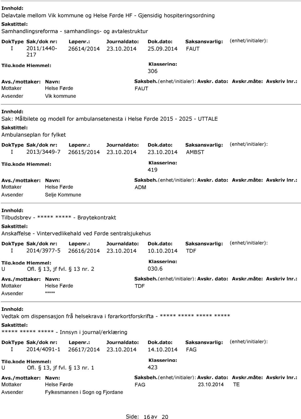 - ***** ***** - Brøytekontrakt Anskaffelse - Vintervedlikehald ved Førde sentralsjukehus 2014/3977-5 26616/2014 10.10.2014 TDF Ofl. 13, jf fvl. 13 nr. 2 030.