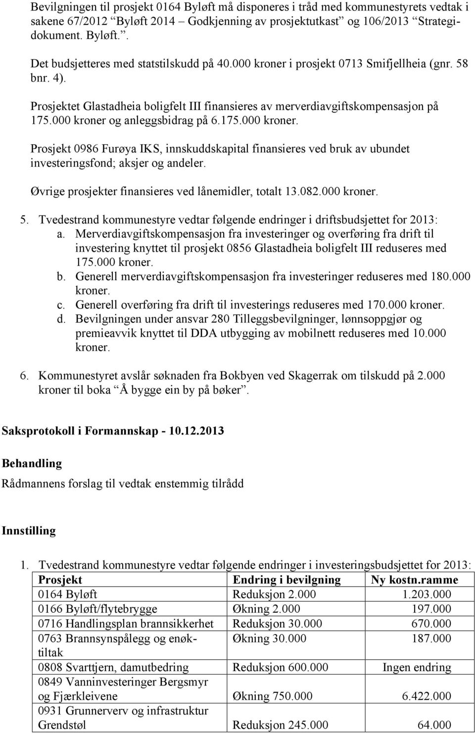 Øvrige prosjekter finansieres ved lånemidler, totalt 13.082.000 kroner. 5. Tvedestrand kommunestyre vedtar følgende endringer i driftsbudsjettet for 2013: a.