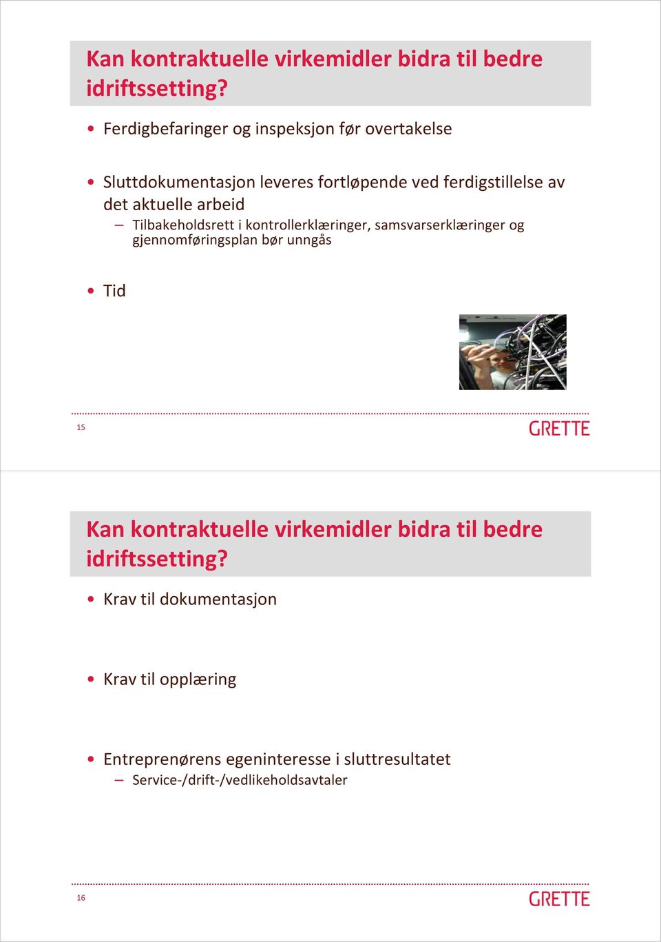 aktuelle arbeid Tilbakeholdsrett i kontrollerklæringer, samsvarserklæringer og gjennomføringsplan bør unngås Tid 15 