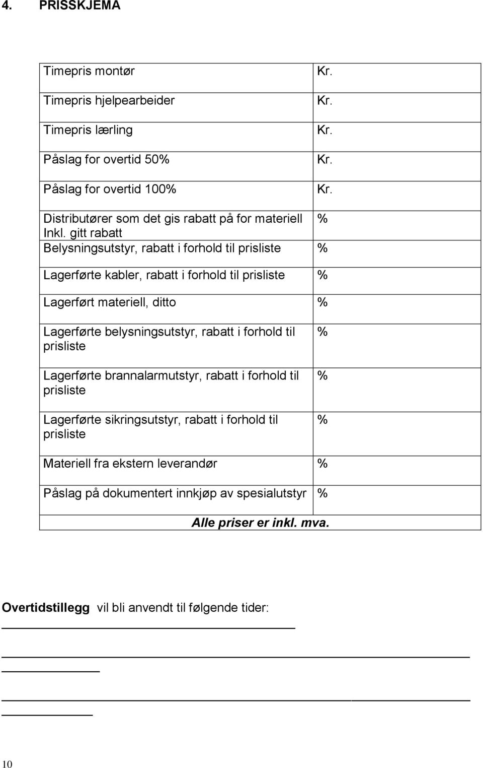 gitt rabatt Belysningsutstyr, rabatt i forhold til prisliste % Lagerførte kabler, rabatt i forhold til prisliste % Lagerført materiell, ditto % Lagerførte