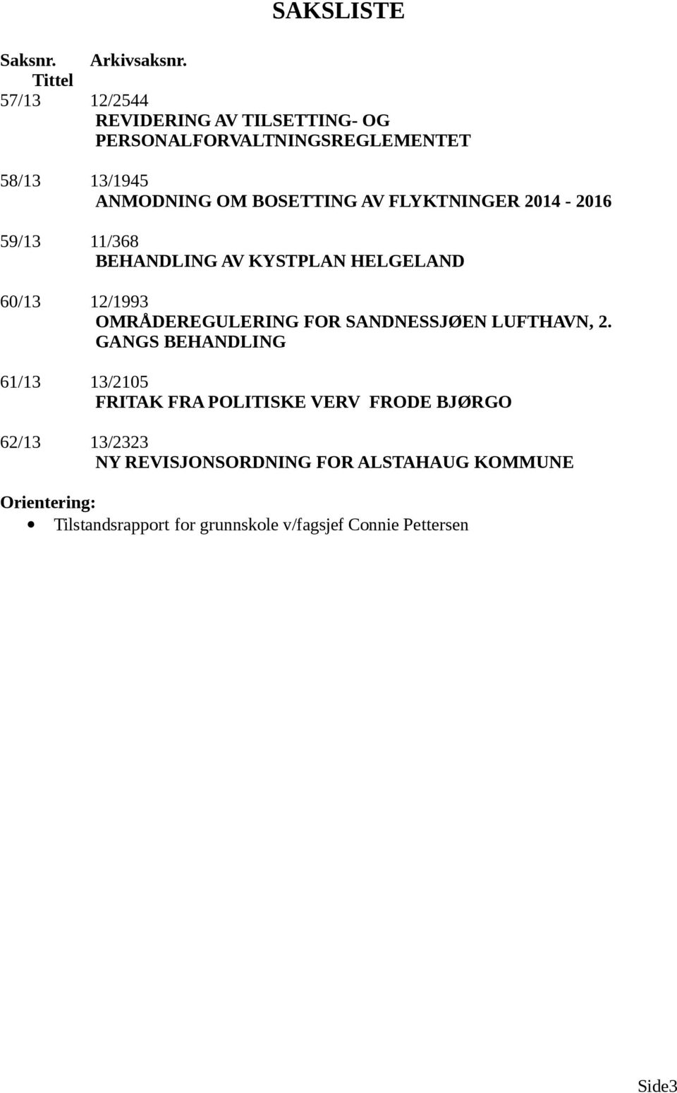 FLYKTNINGER 2014-2016 59/13 11/368 BEHANDLING AV KYSTPLAN HELGELAND 60/13 12/1993 OMRÅDEREGULERING FOR SANDNESSJØEN