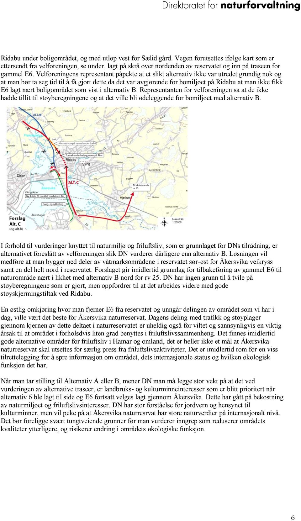 Velforeningens representant påpekte at et slikt alternativ ikke var utredet grundig nok og at man bør ta seg tid til å få gjort dette da det var avgjørende for bomiljøet på Ridabu at man ikke fikk E6