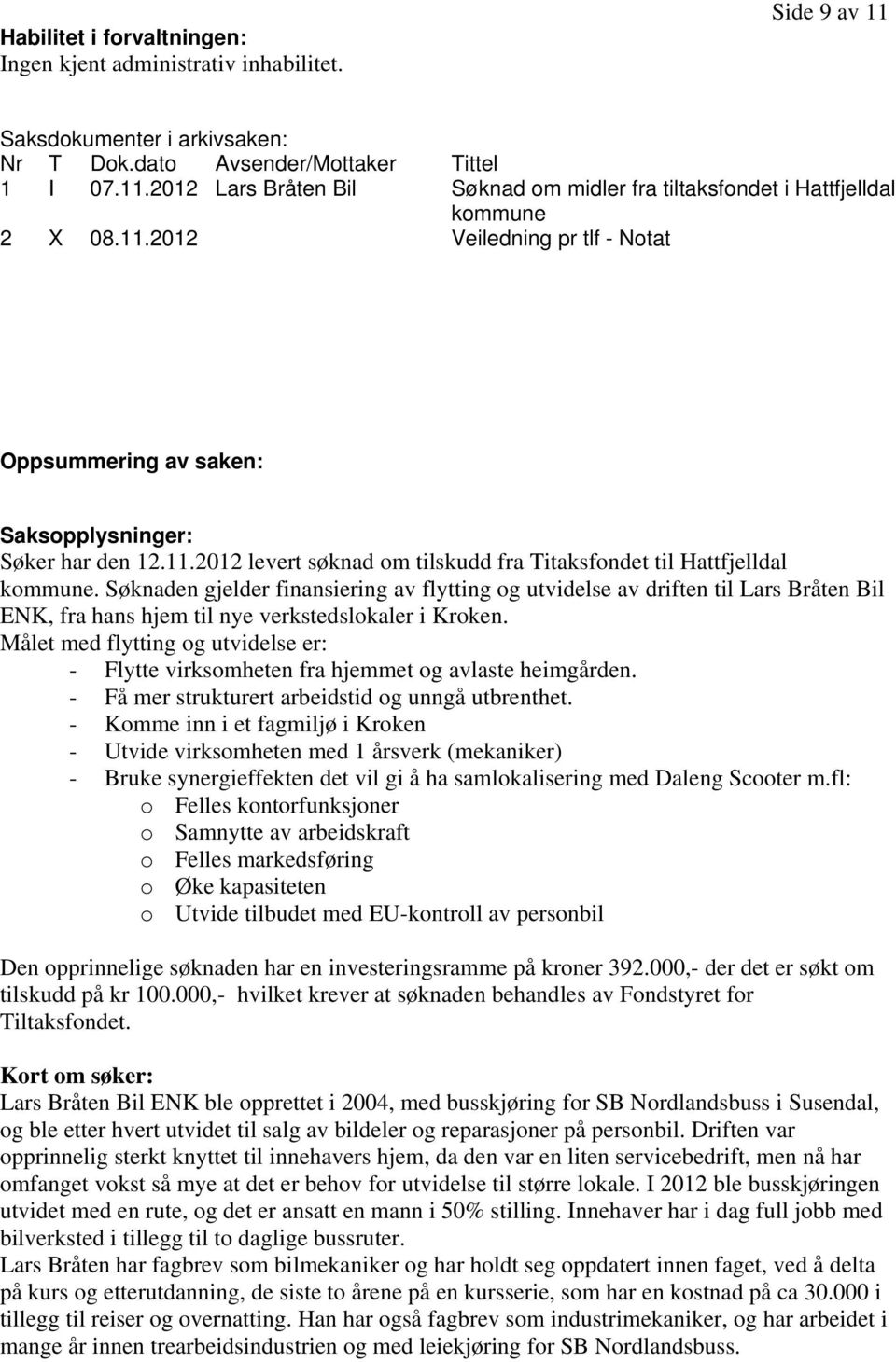 Søknaden gjelder finansiering av flytting og utvidelse av driften til Lars Bråten Bil ENK, fra hans hjem til nye verkstedslokaler i Kroken.