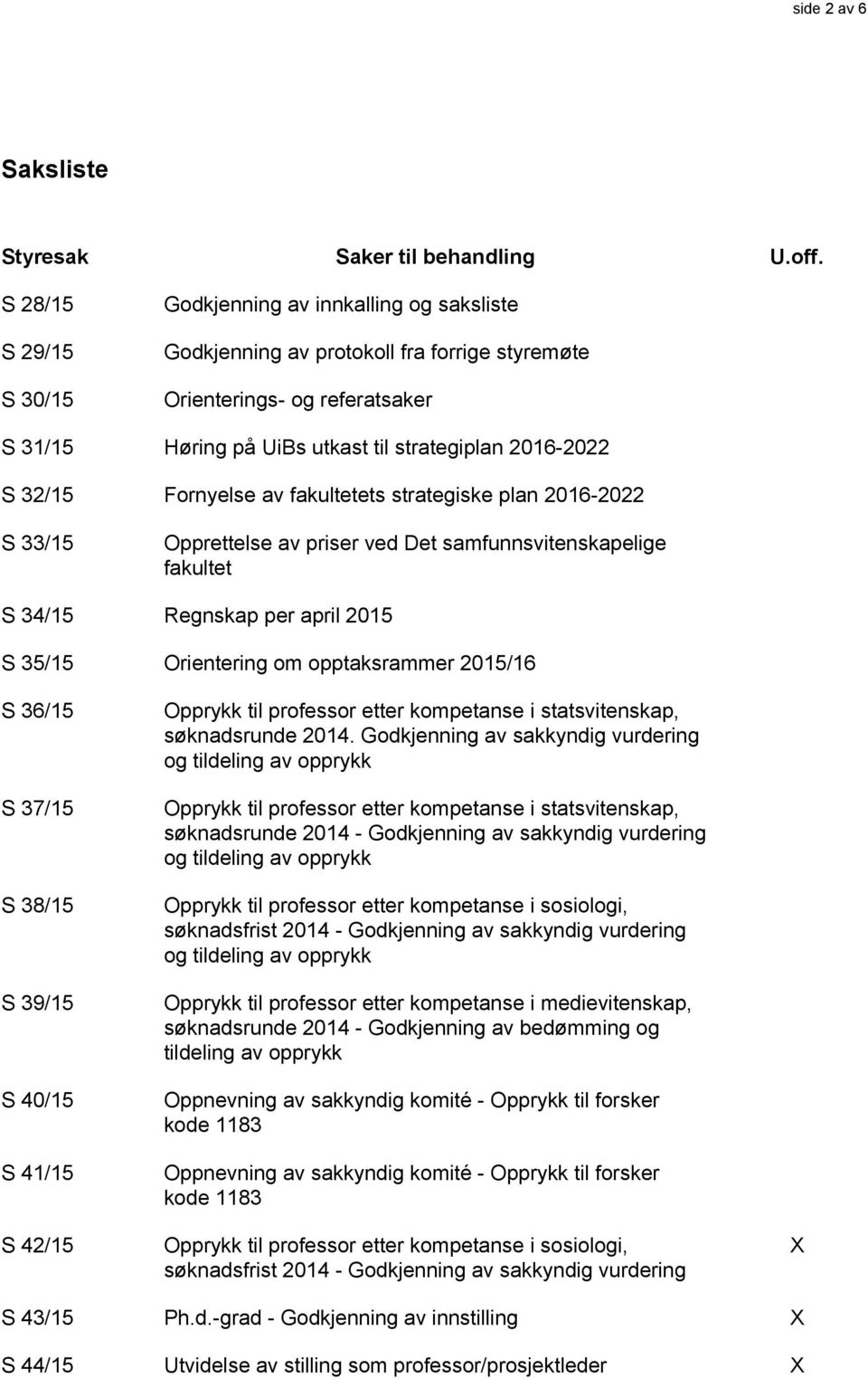 32/15 Fornyelse av fakultetets strategiske plan 2016-2022 S 33/15 Opprettelse av priser ved Det samfunnsvitenskapelige fakultet S 34/15 Regnskap per april 2015 S 35/15 Orientering om opptaksrammer